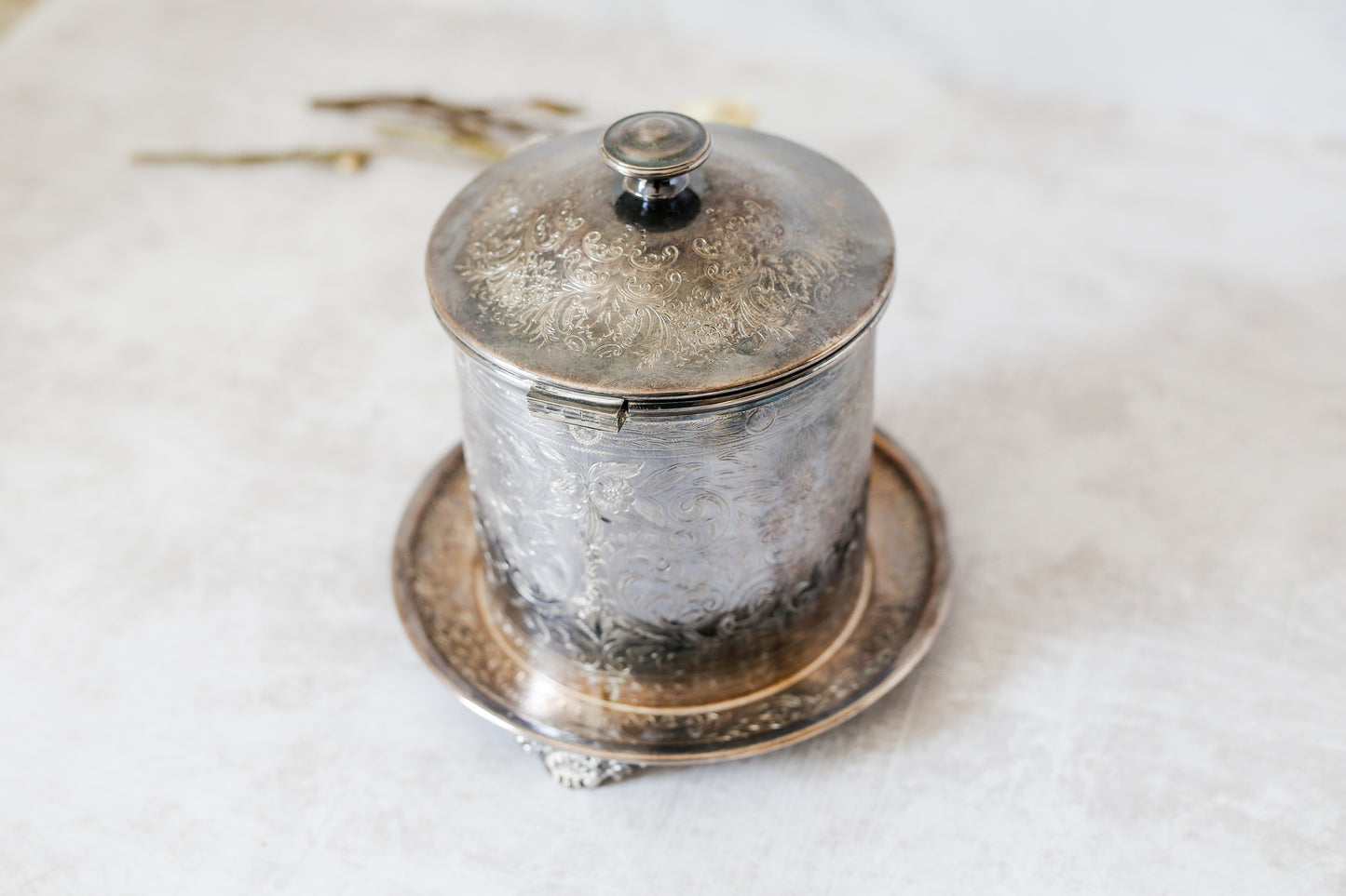 Vintage Silver Plate English Biscuit Barrel with Underplate