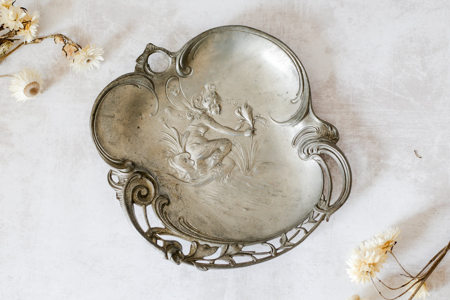 Antique Art Nouveau Pewter Calling Card Tray