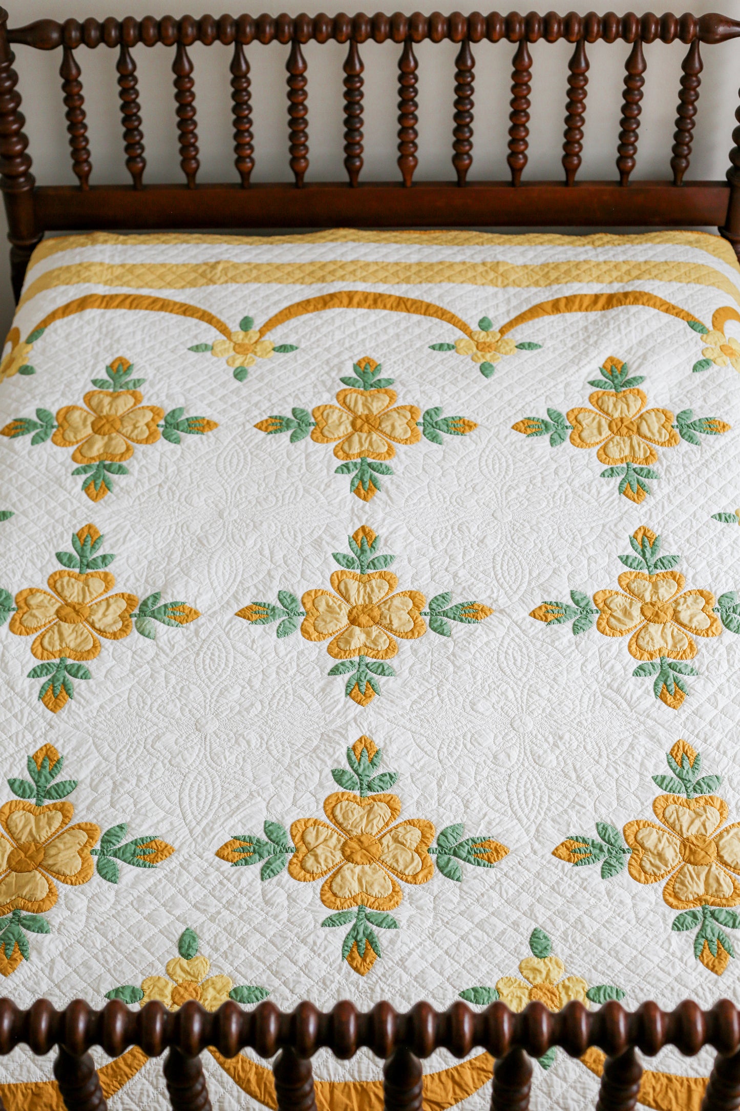 Vintage Yellow and Green Rose of Sharon Applique Quilt, c1930