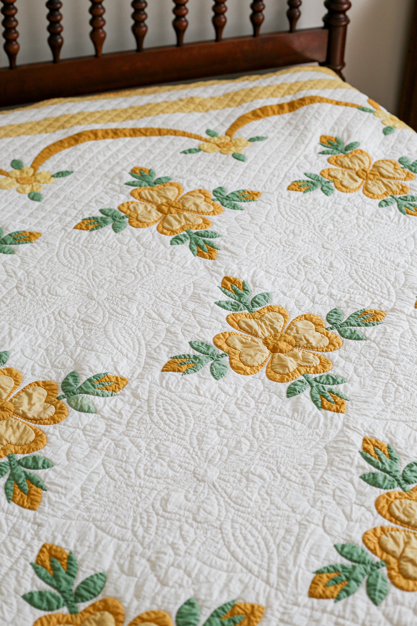 Vintage Yellow and Green Rose of Sharon Applique Quilt, c1930