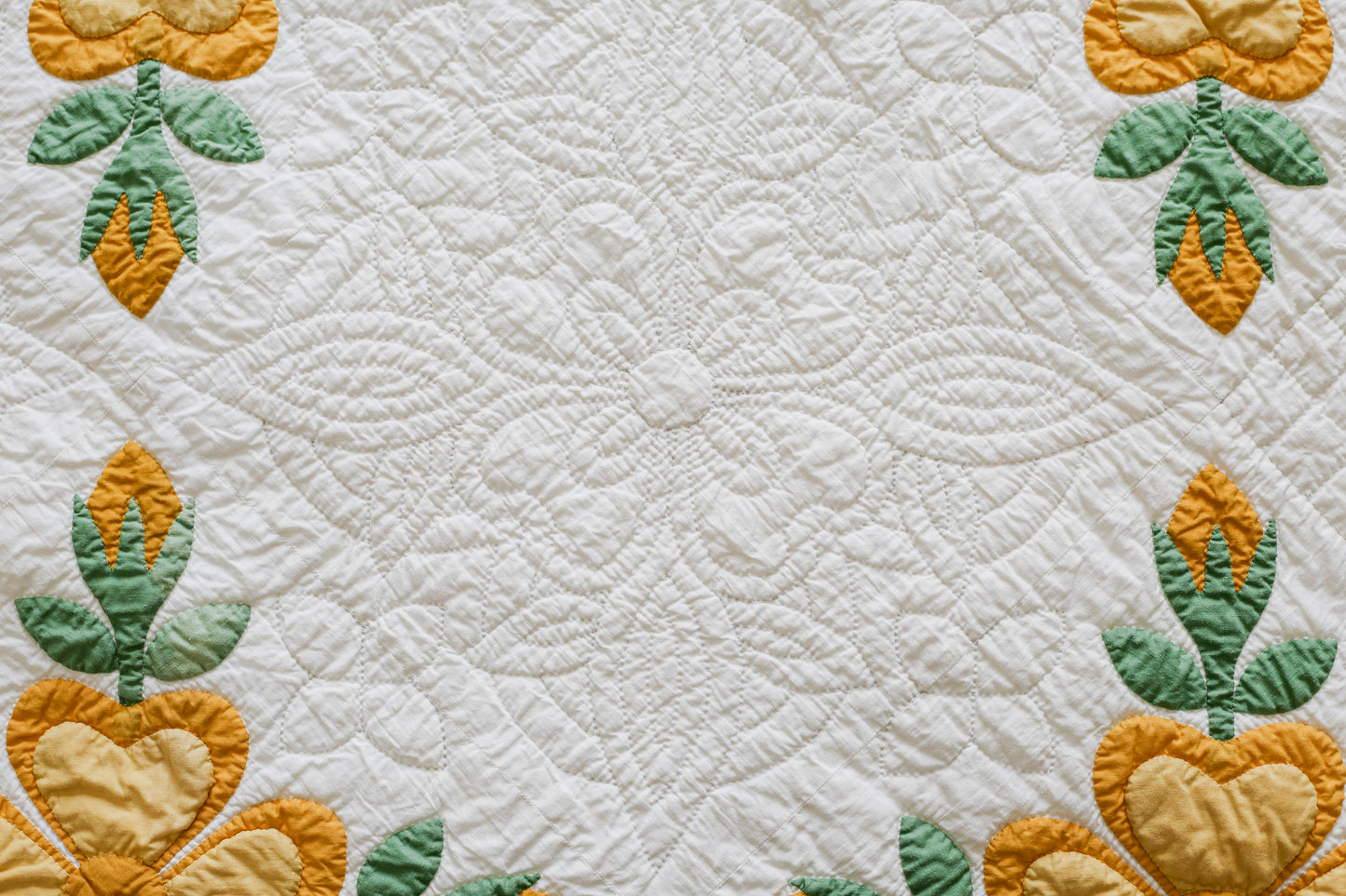 Vintage Yellow and Green Rose of Sharon Applique Quilt, c1930