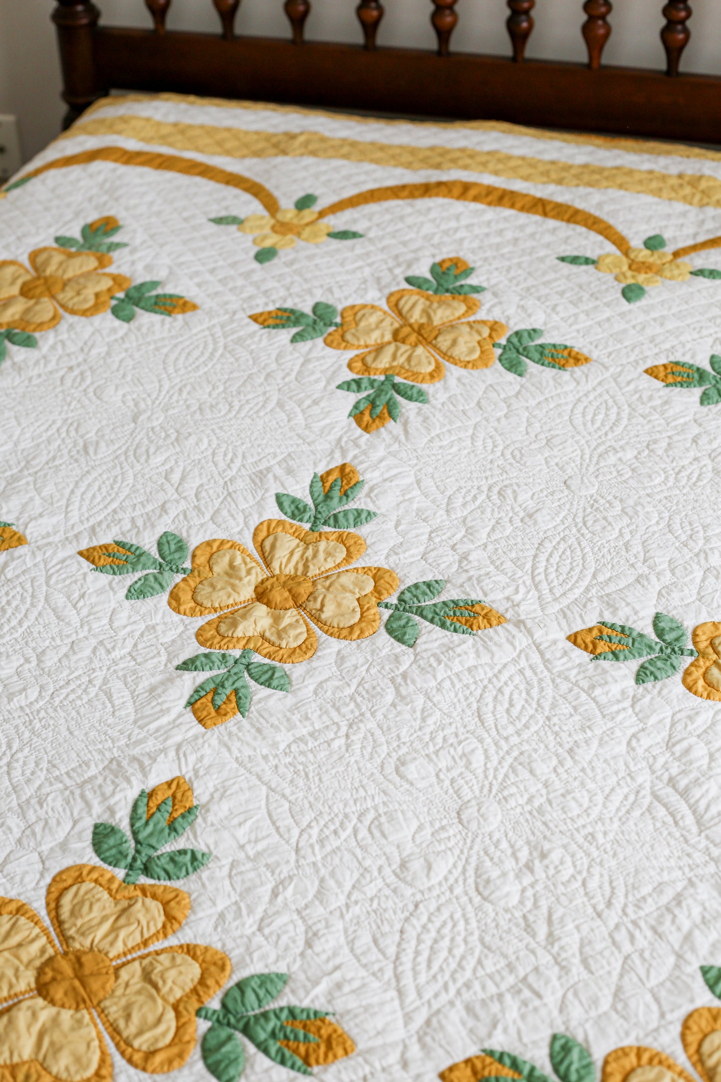 Vintage Yellow and Green Rose of Sharon Applique Quilt, c1930