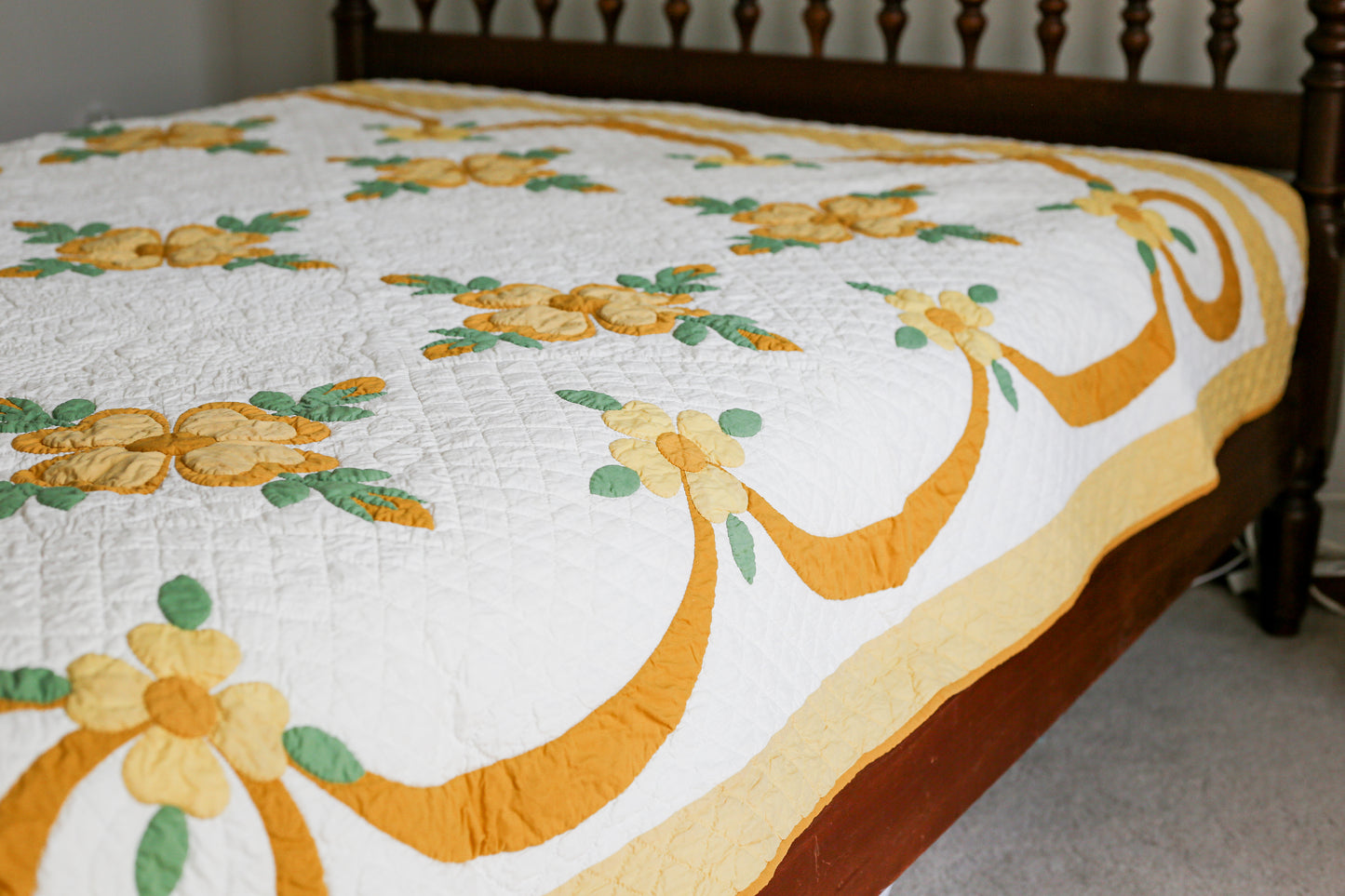 Vintage Yellow and Green Rose of Sharon Applique Quilt, c1930