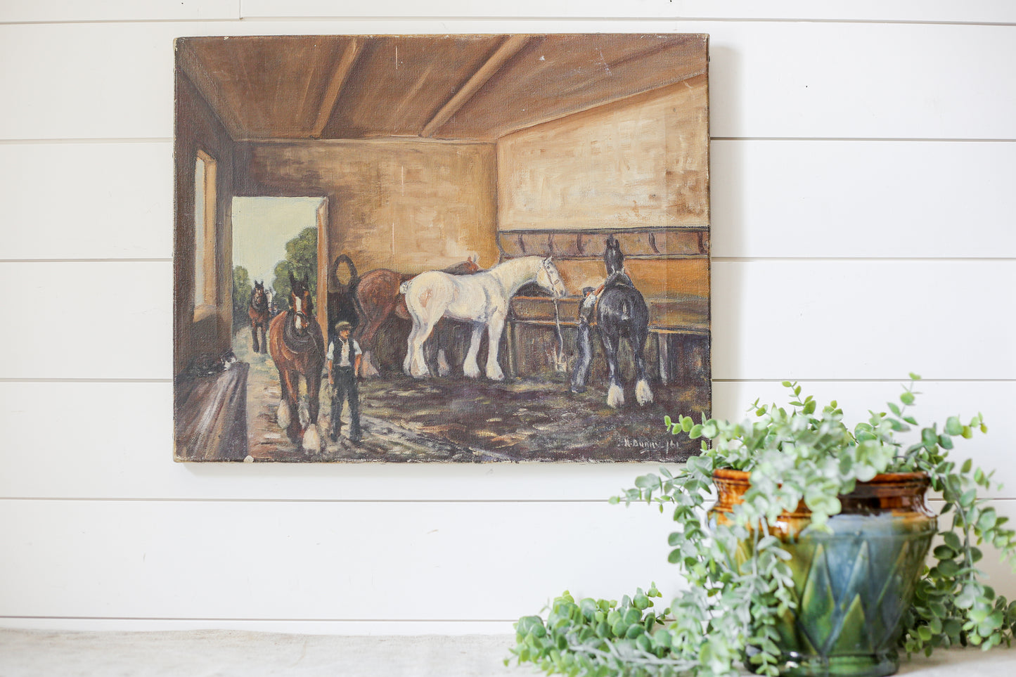 Vintage Original Painting of English Horse Stable Scene