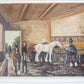 Vintage Original Painting of English Horse Stable Scene