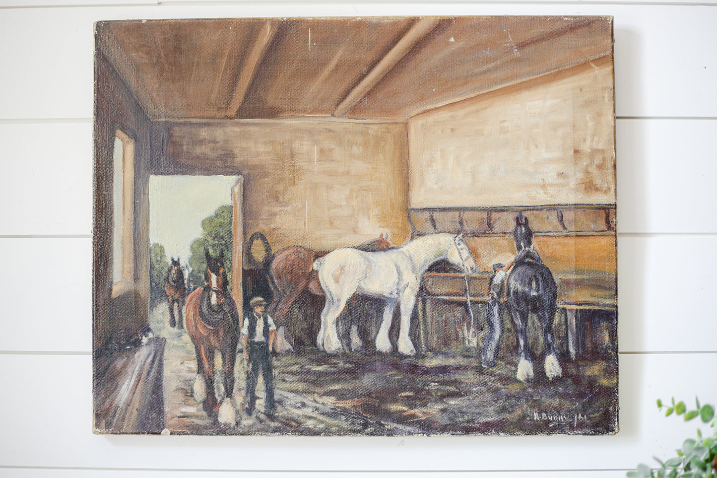 Vintage Original Painting of English Horse Stable Scene