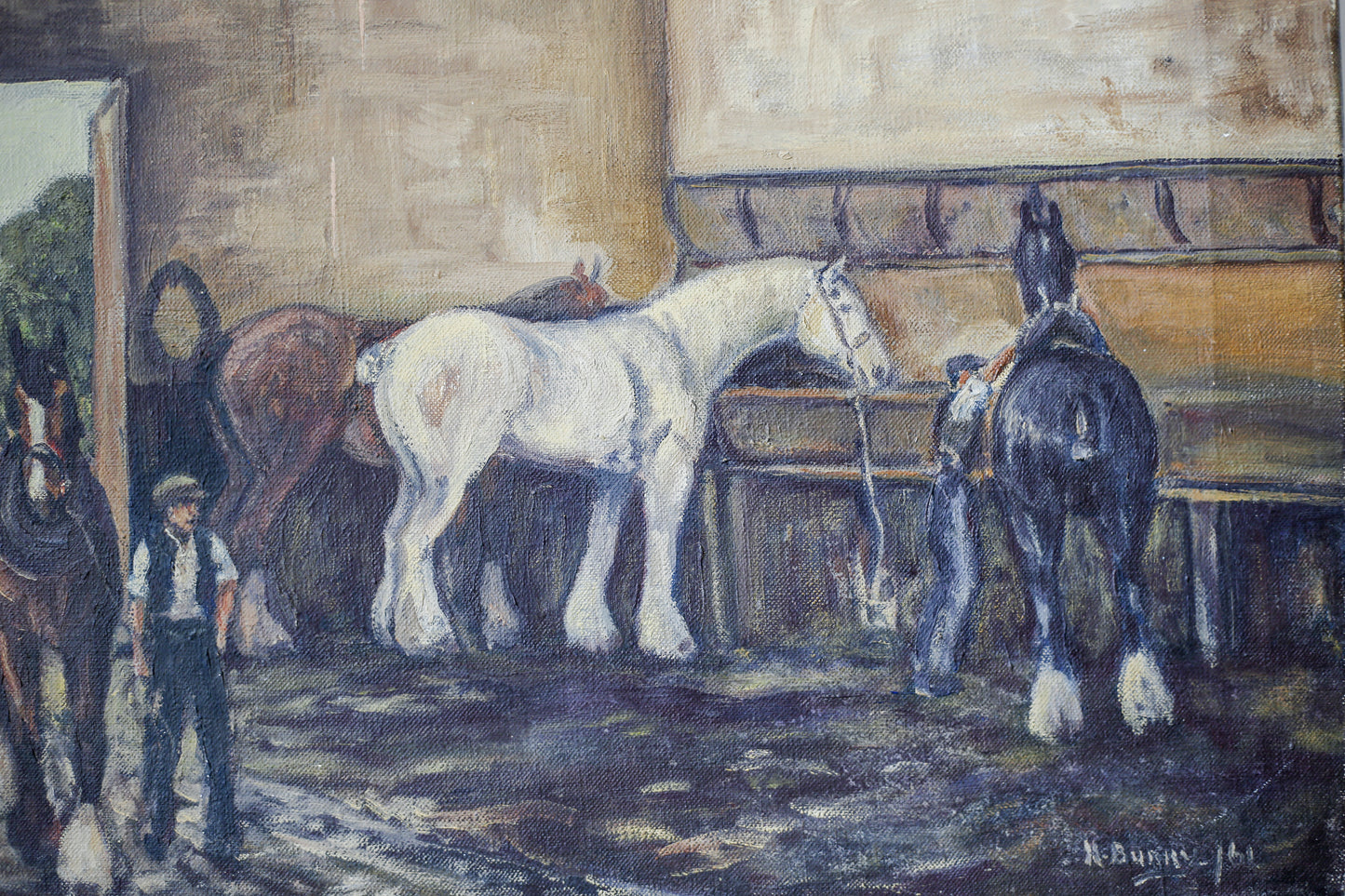 Vintage Original Painting of English Horse Stable Scene