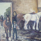 Vintage Original Painting of English Horse Stable Scene