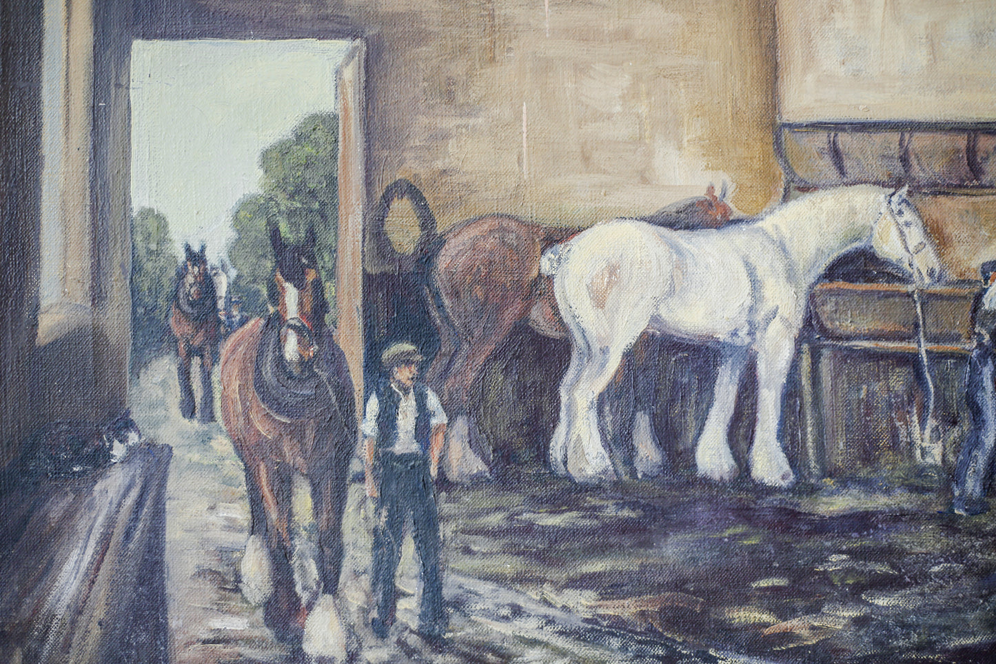 Vintage Original Painting of English Horse Stable Scene