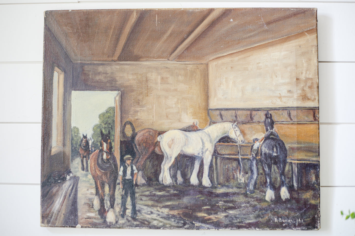 Vintage Original Painting of English Horse Stable Scene