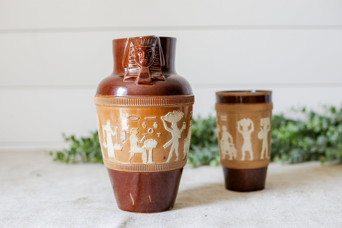 Antique Royal Doulton Egyptian Revival Pitcher and Cup, c1920