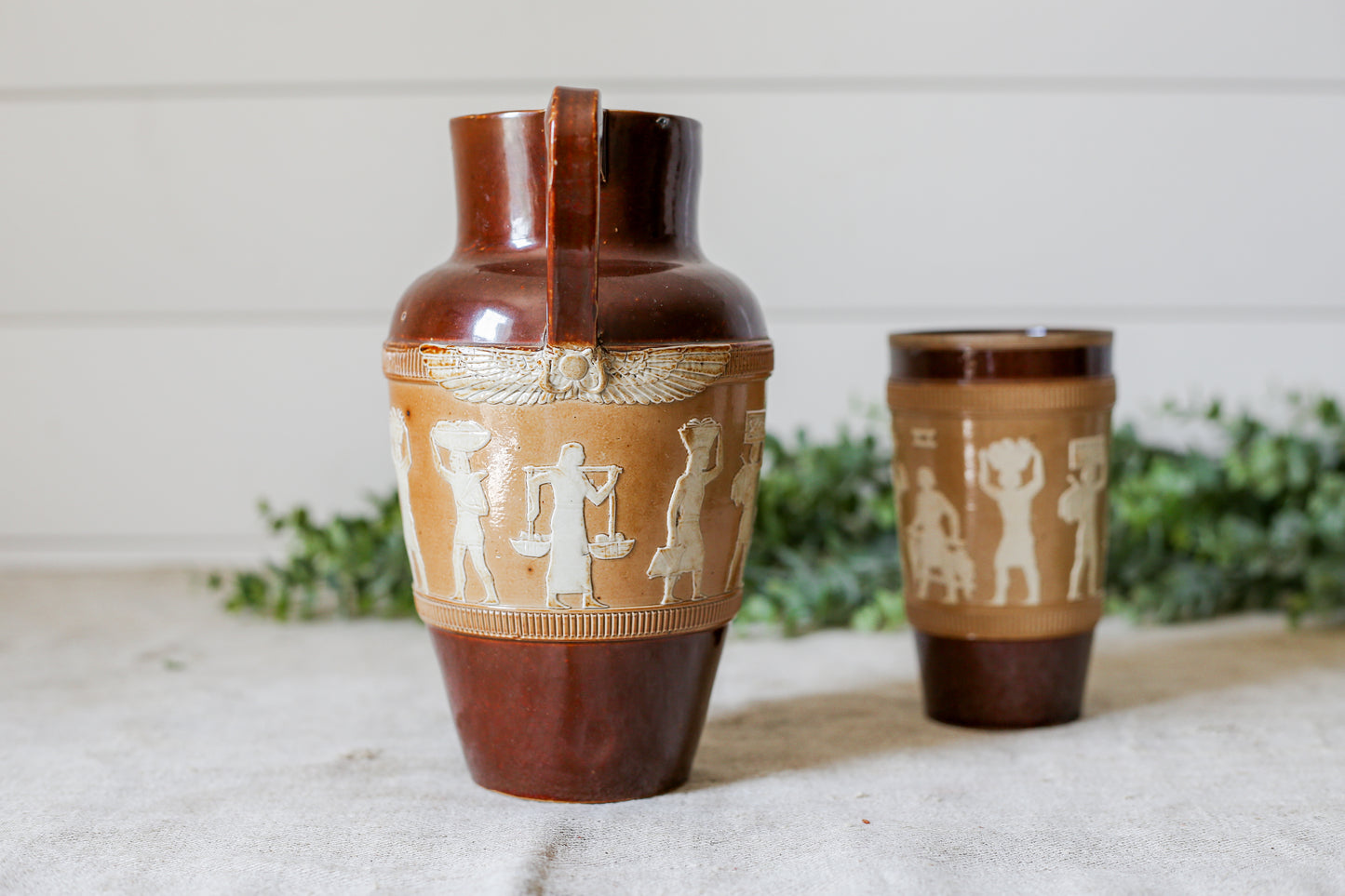 Antique Royal Doulton Egyptian Revival Pitcher and Cup, c1920