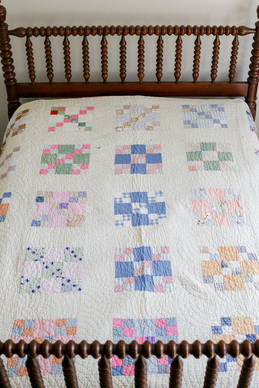 Vintage Pastel Nine Patch Quilt, c1930