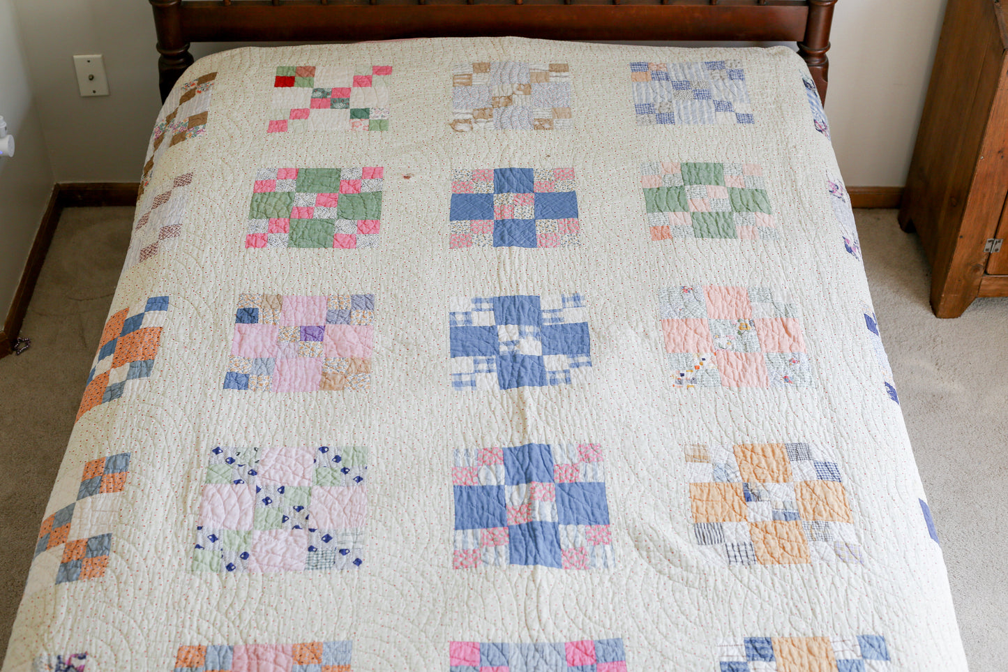 Vintage Pastel Nine Patch Quilt, c1930