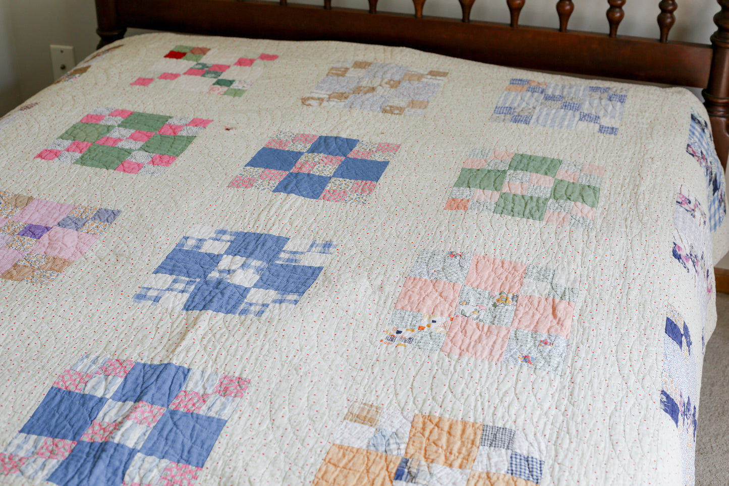 Vintage Pastel Nine Patch Quilt, c1930