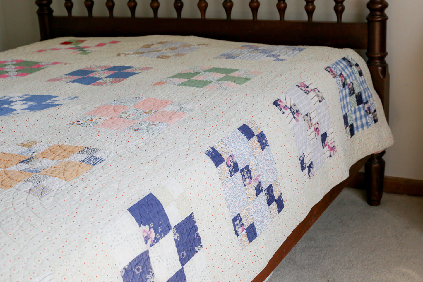 Vintage Pastel Nine Patch Quilt, c1930