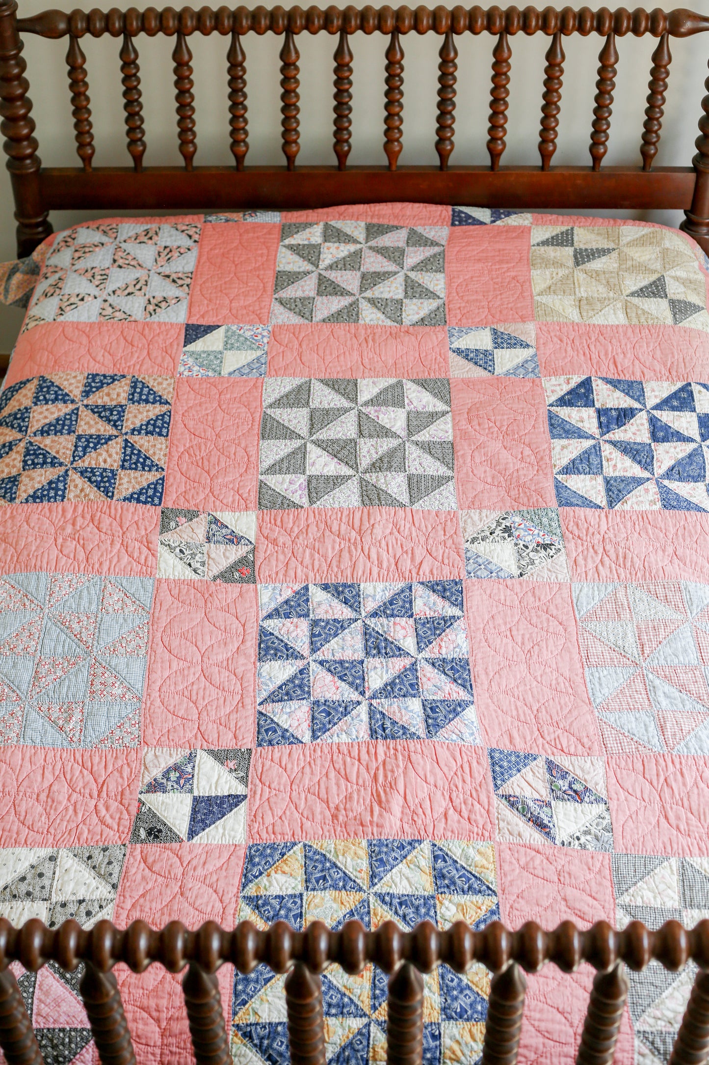 Vintage Pink and Blue Broken Dishes Quilt, c1930