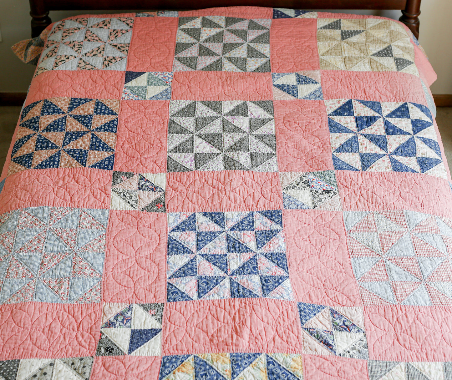 Vintage Pink and Blue Broken Dishes Quilt, c1930