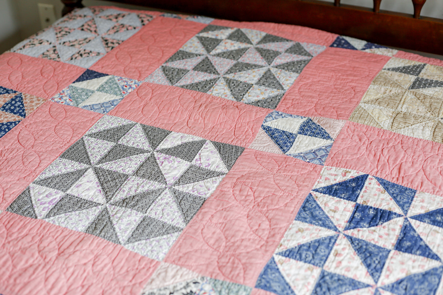 Vintage Pink and Blue Broken Dishes Quilt, c1930