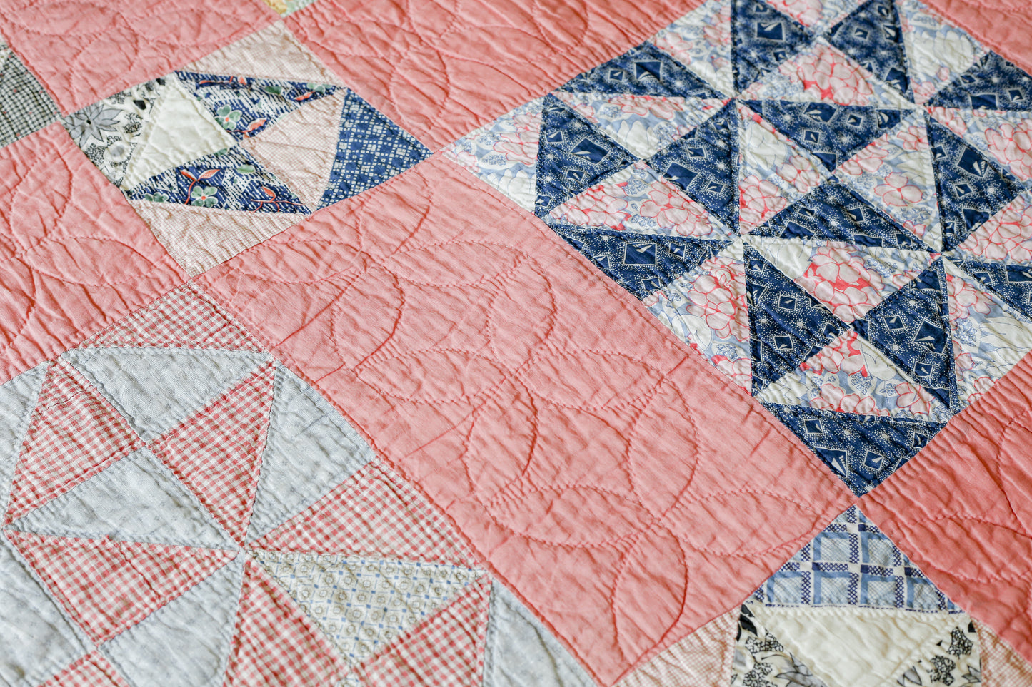 Vintage Pink and Blue Broken Dishes Quilt, c1930