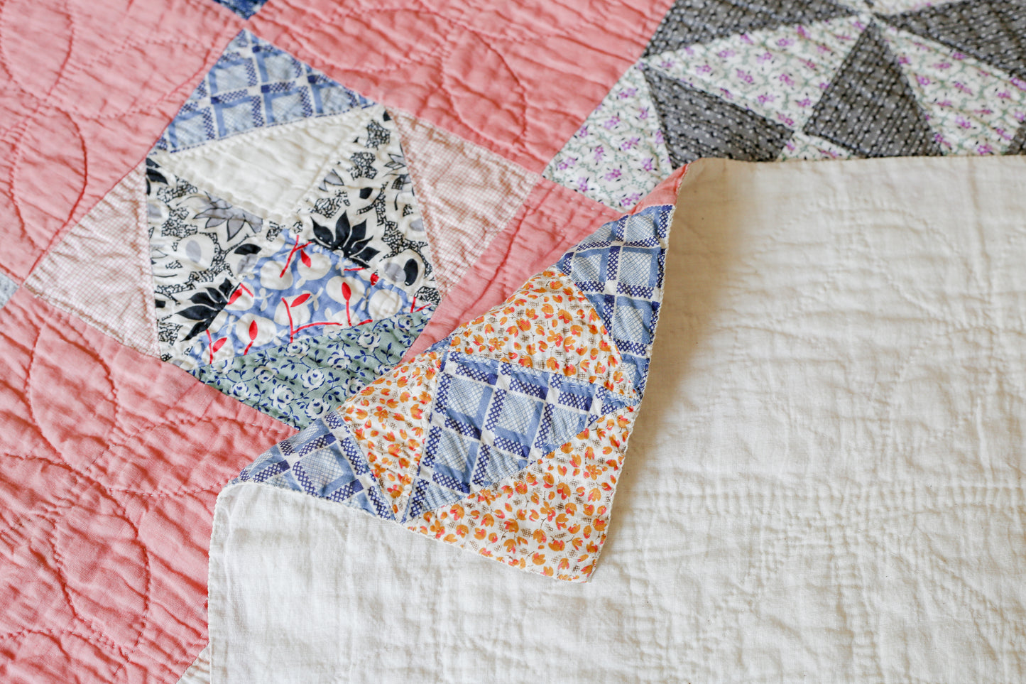 Vintage Pink and Blue Broken Dishes Quilt, c1930