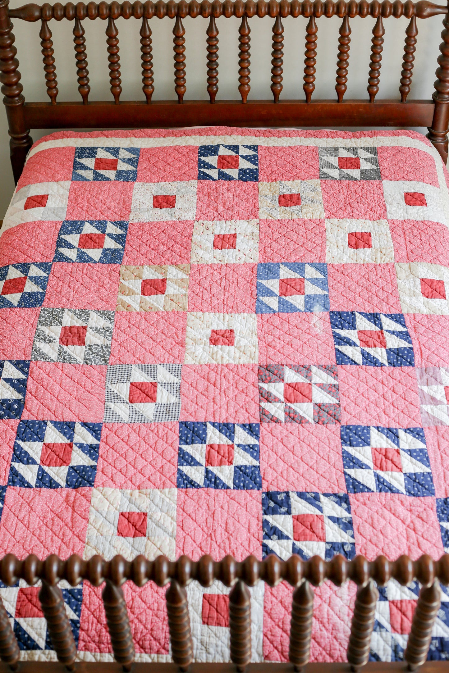 Antique Pink and Blue Double X Quilt, c1900