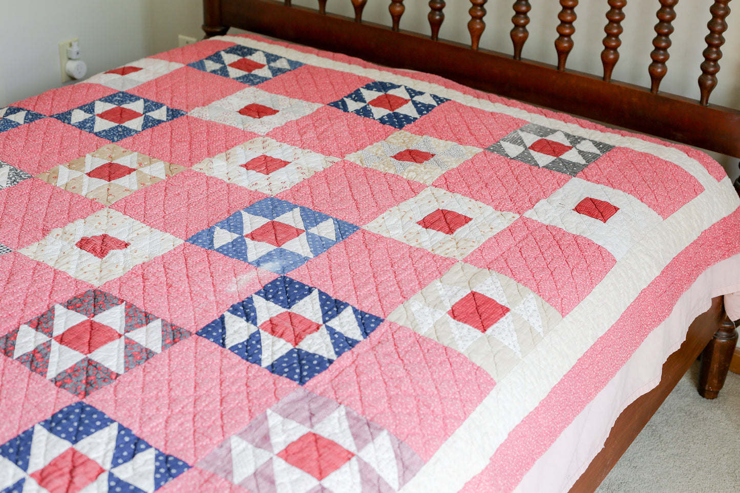 Antique Pink and Blue Double X Quilt, c1900