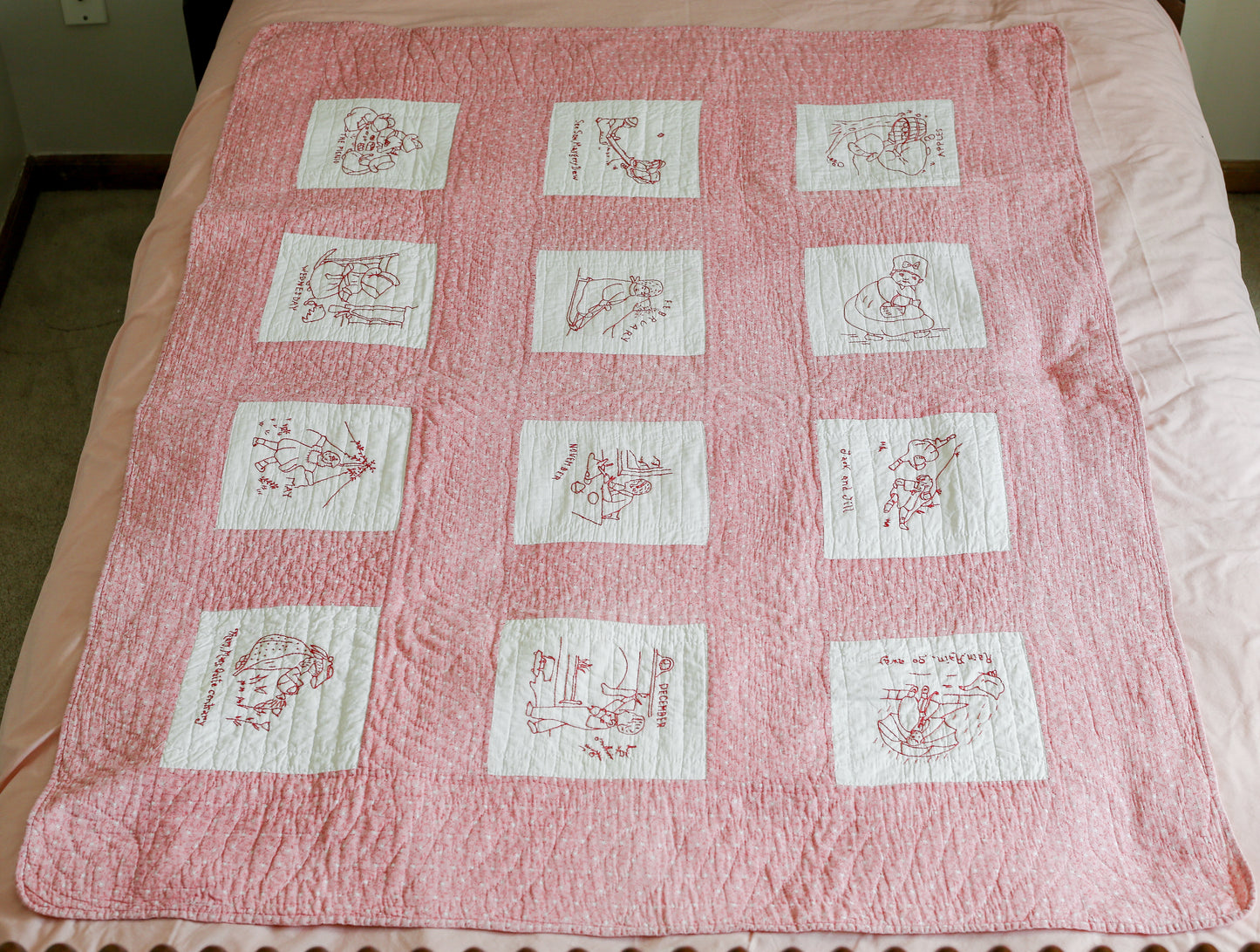 Vintage Redwork Nursery Rhyme Crib Quilt, c1920