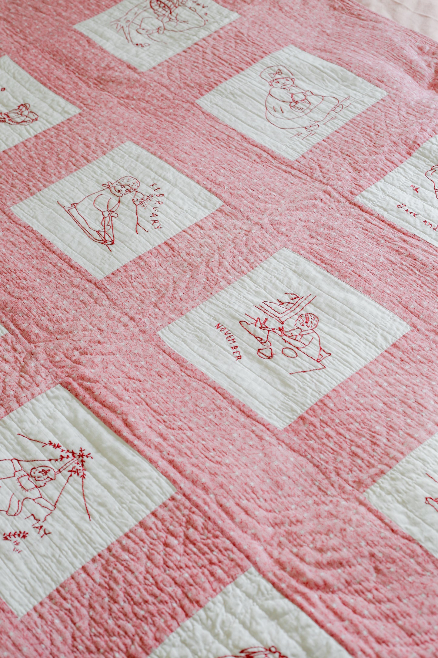 Vintage Redwork Nursery Rhyme Crib Quilt, c1920