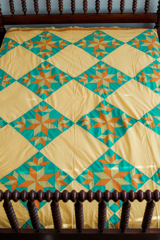 Vintage Blazing Star Orange & Teal Quilt TOP, c1930