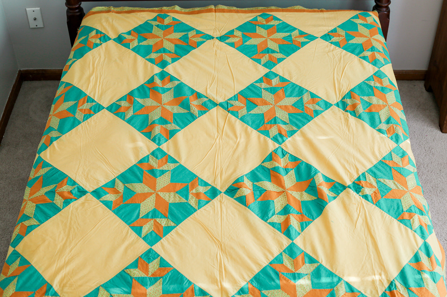 Vintage Blazing Star Orange & Teal Quilt TOP, c1930