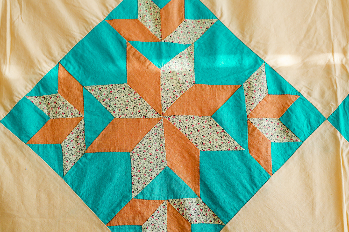 Vintage Blazing Star Orange & Teal Quilt TOP, c1930