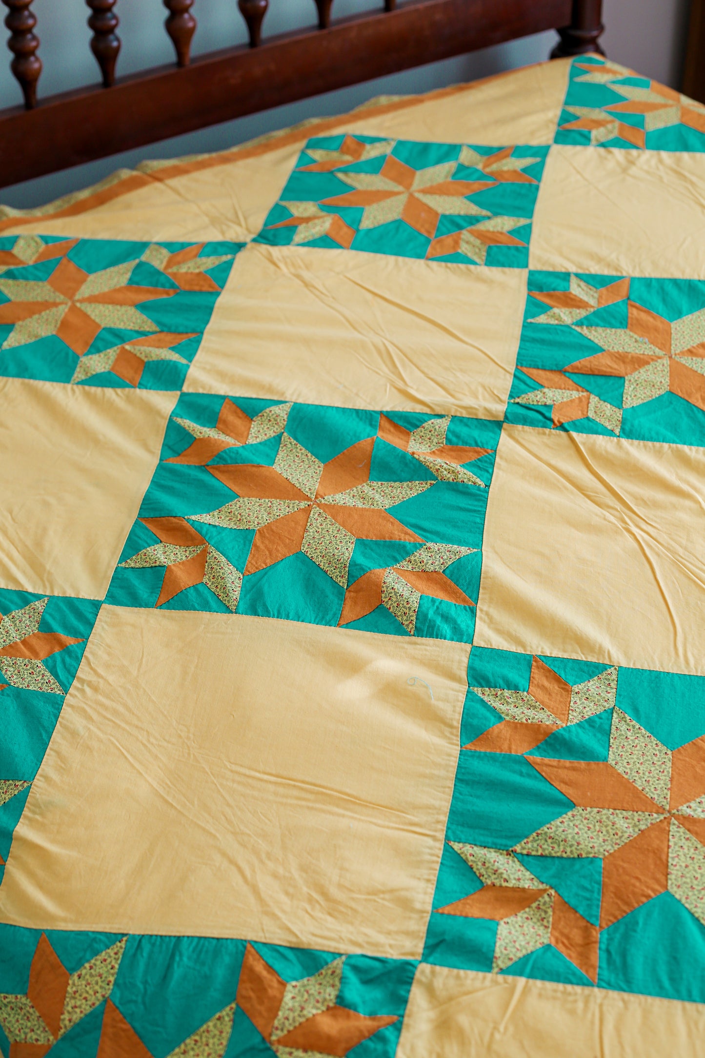 Vintage Blazing Star Orange & Teal Quilt TOP, c1930