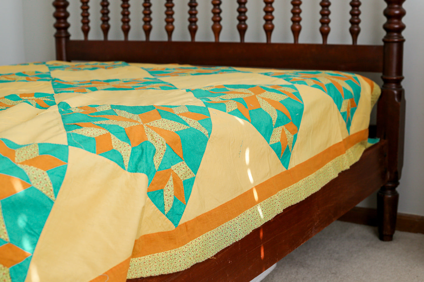 Vintage Blazing Star Orange & Teal Quilt TOP, c1930