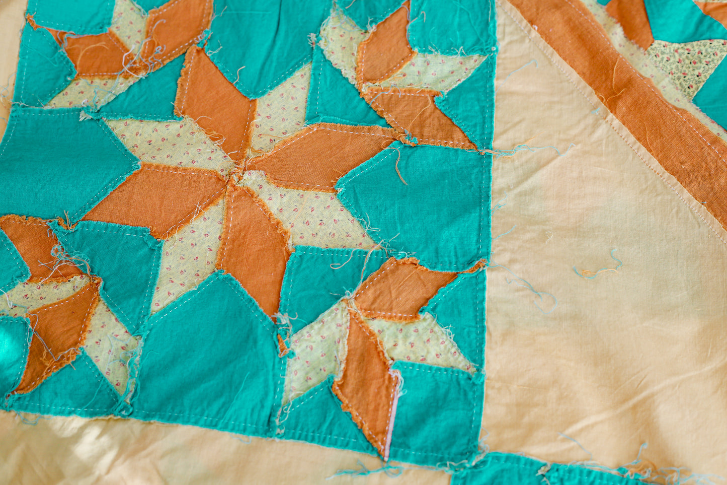 Vintage Blazing Star Orange & Teal Quilt TOP, c1930