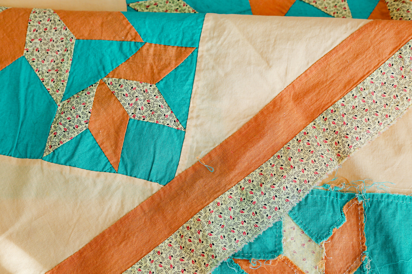 Vintage Blazing Star Orange & Teal Quilt TOP, c1930