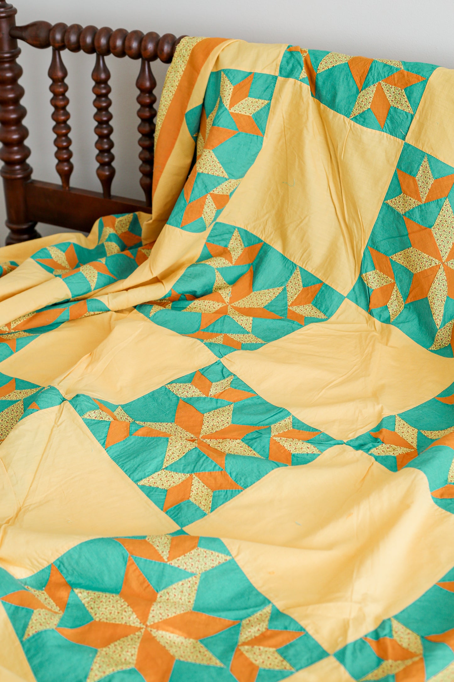 Vintage Blazing Star Orange & Teal Quilt TOP, c1930