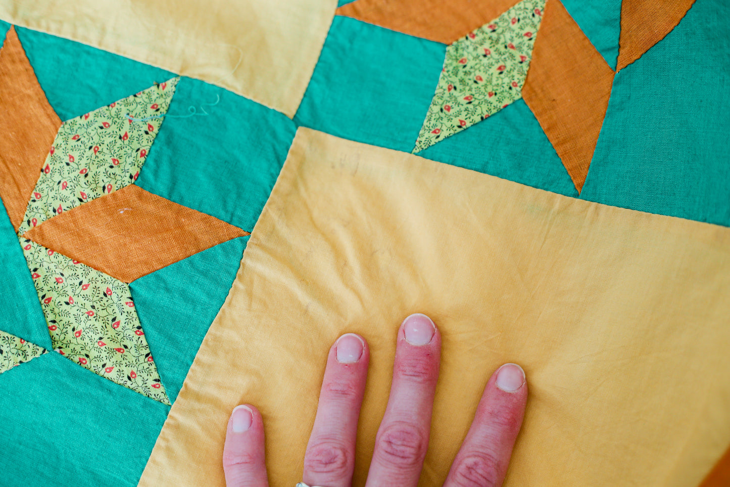 Vintage Blazing Star Orange & Teal Quilt TOP, c1930