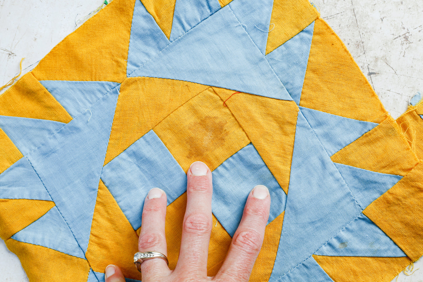 Vintage Set of 21 Orange & Blue Crow’s Foot Quilt Blocks, c1930