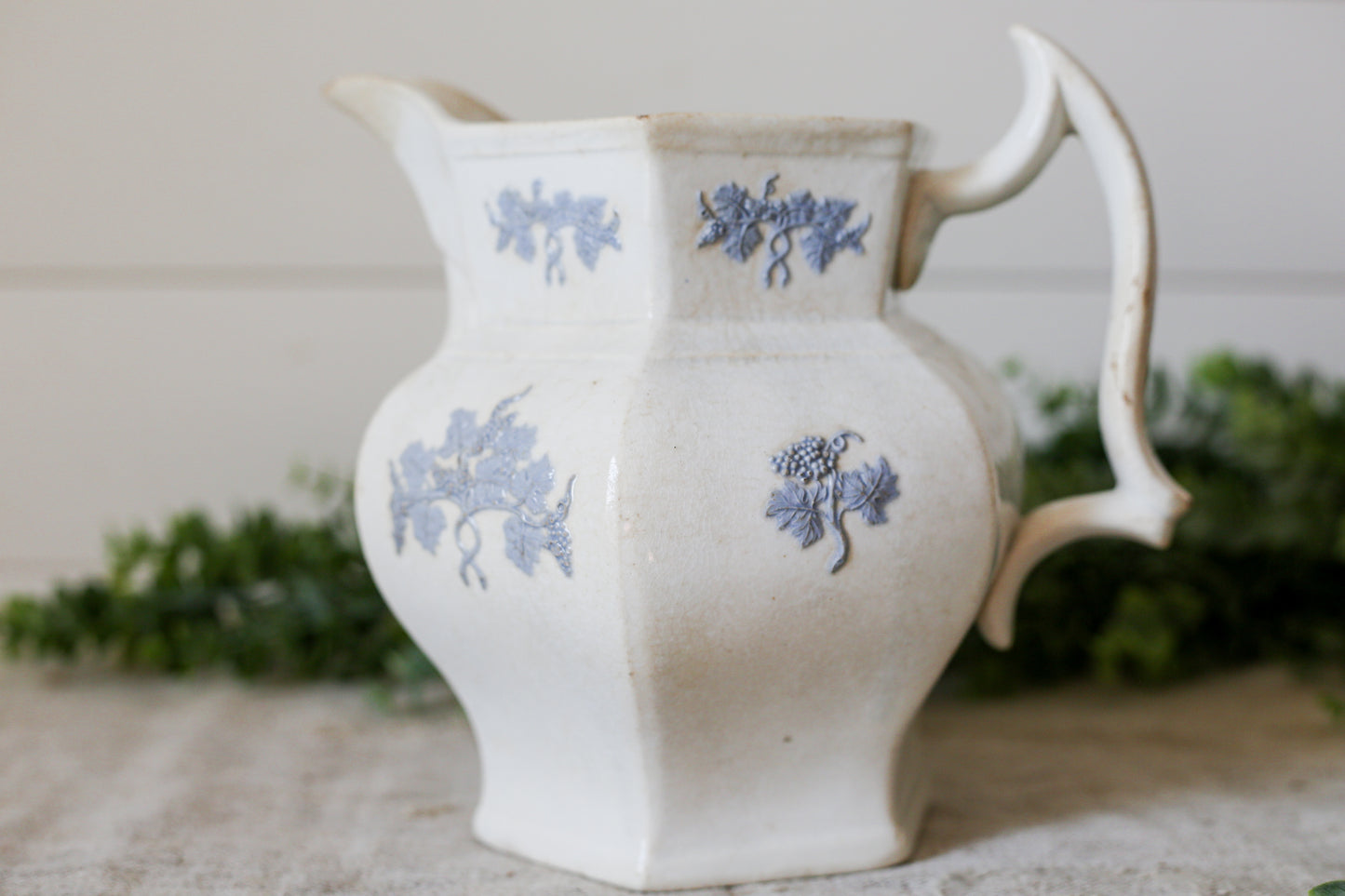 Antique Chelsea Grape Lavender and White Ironstone Pitcher