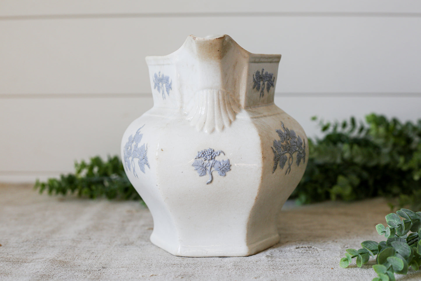 Antique Chelsea Grape Lavender and White Ironstone Pitcher