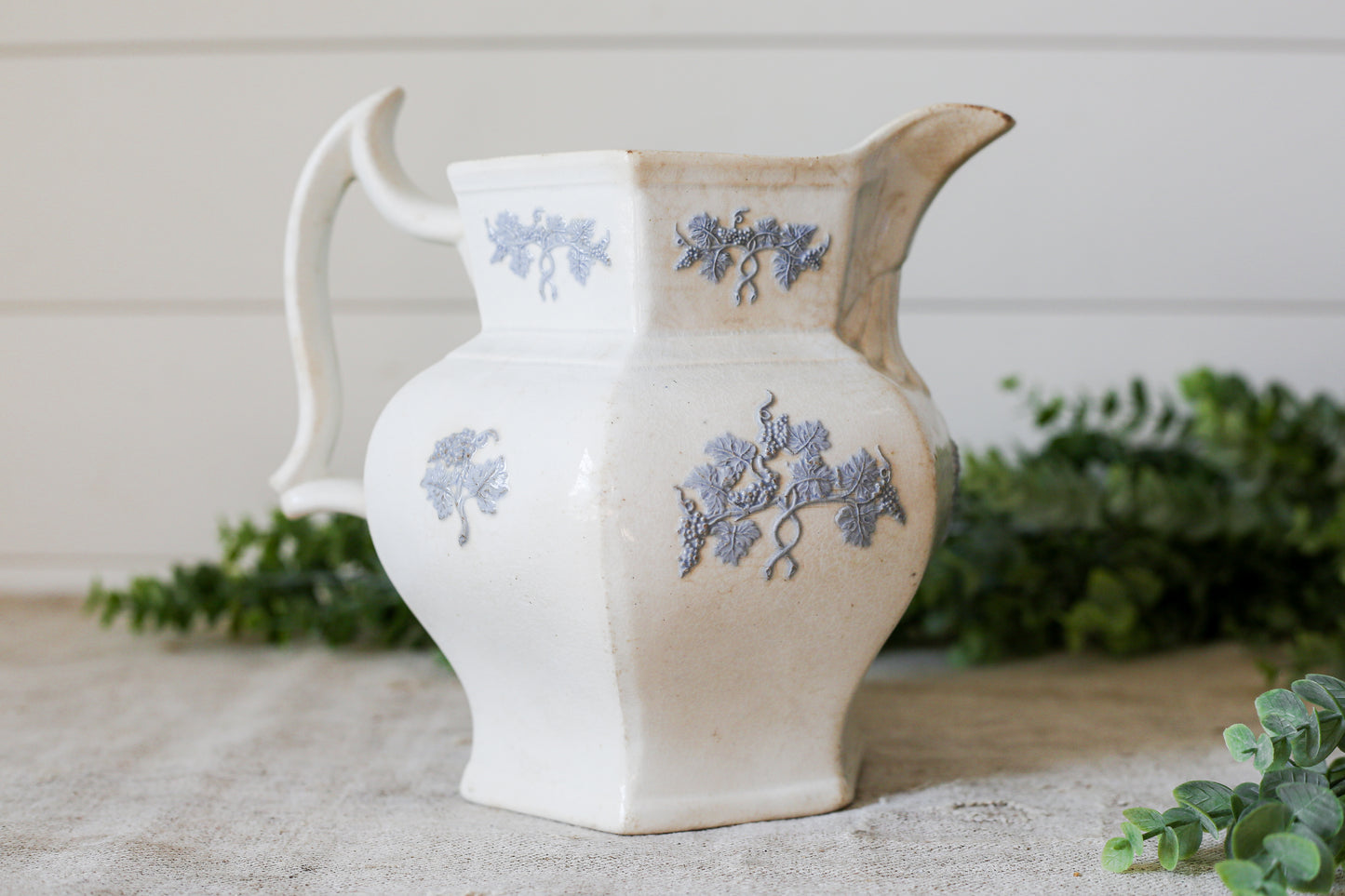 Antique Chelsea Grape Lavender and White Ironstone Pitcher