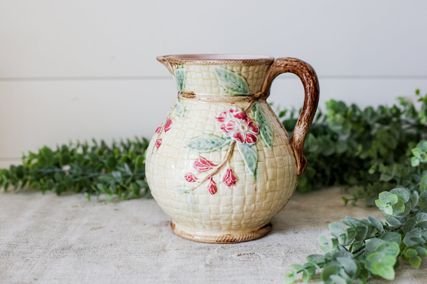 Antique Majolica Basket Weave Pitcher with Pink Flowers