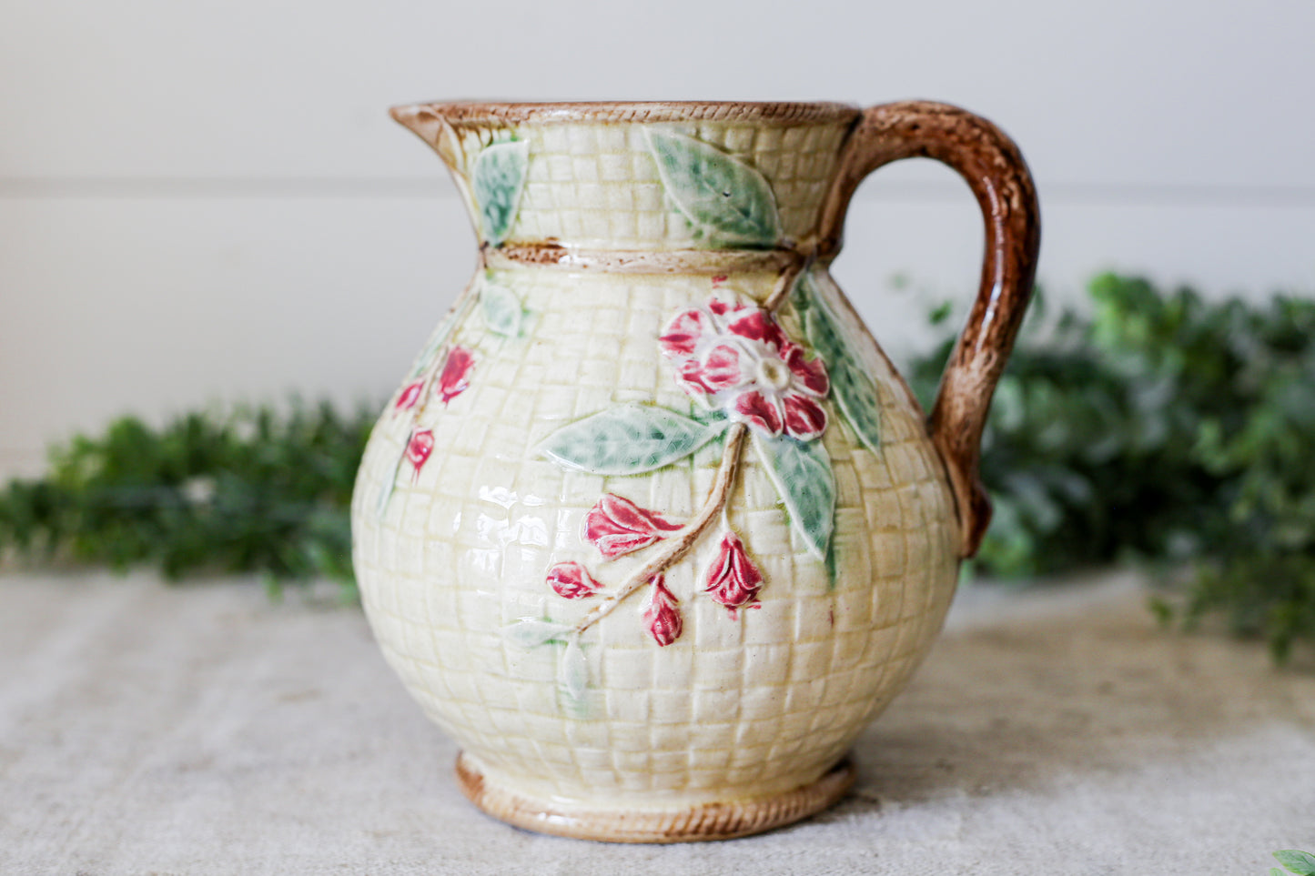 Antique Majolica Basket Weave Pitcher with Pink Flowers