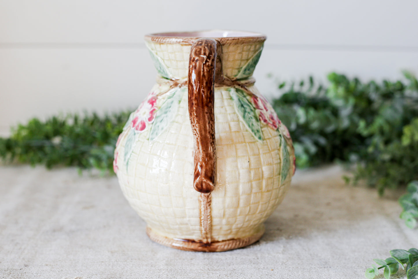 Antique Majolica Basket Weave Pitcher with Pink Flowers