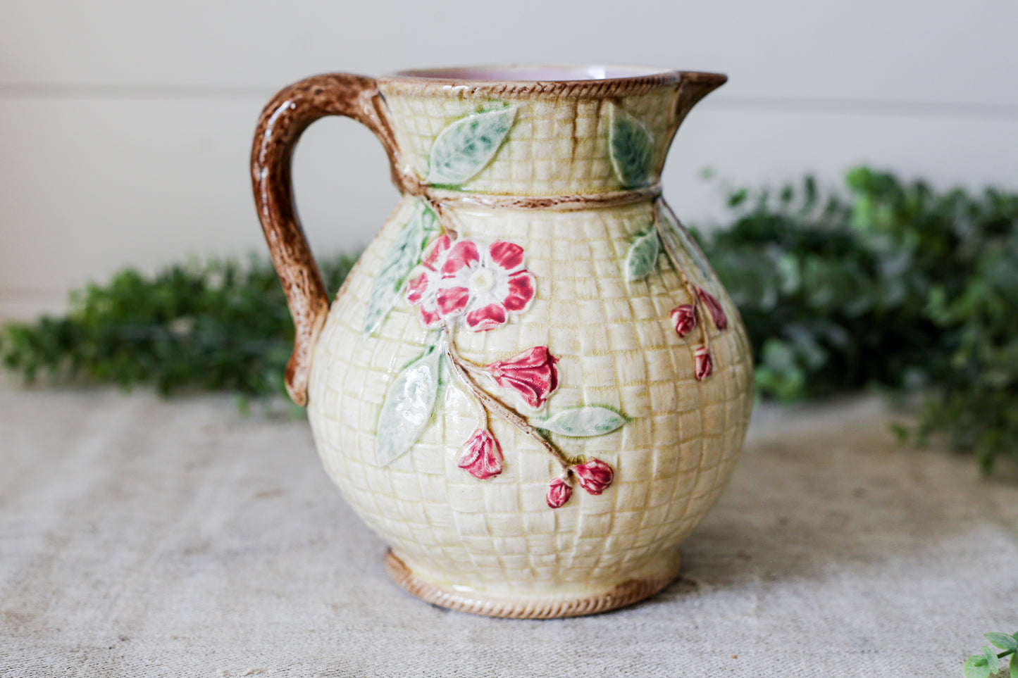 Antique Majolica Basket Weave Pitcher with Pink Flowers