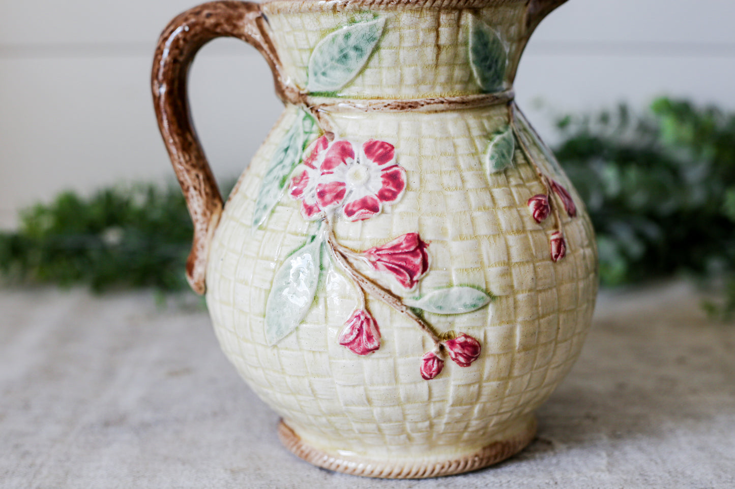 Antique Majolica Basket Weave Pitcher with Pink Flowers