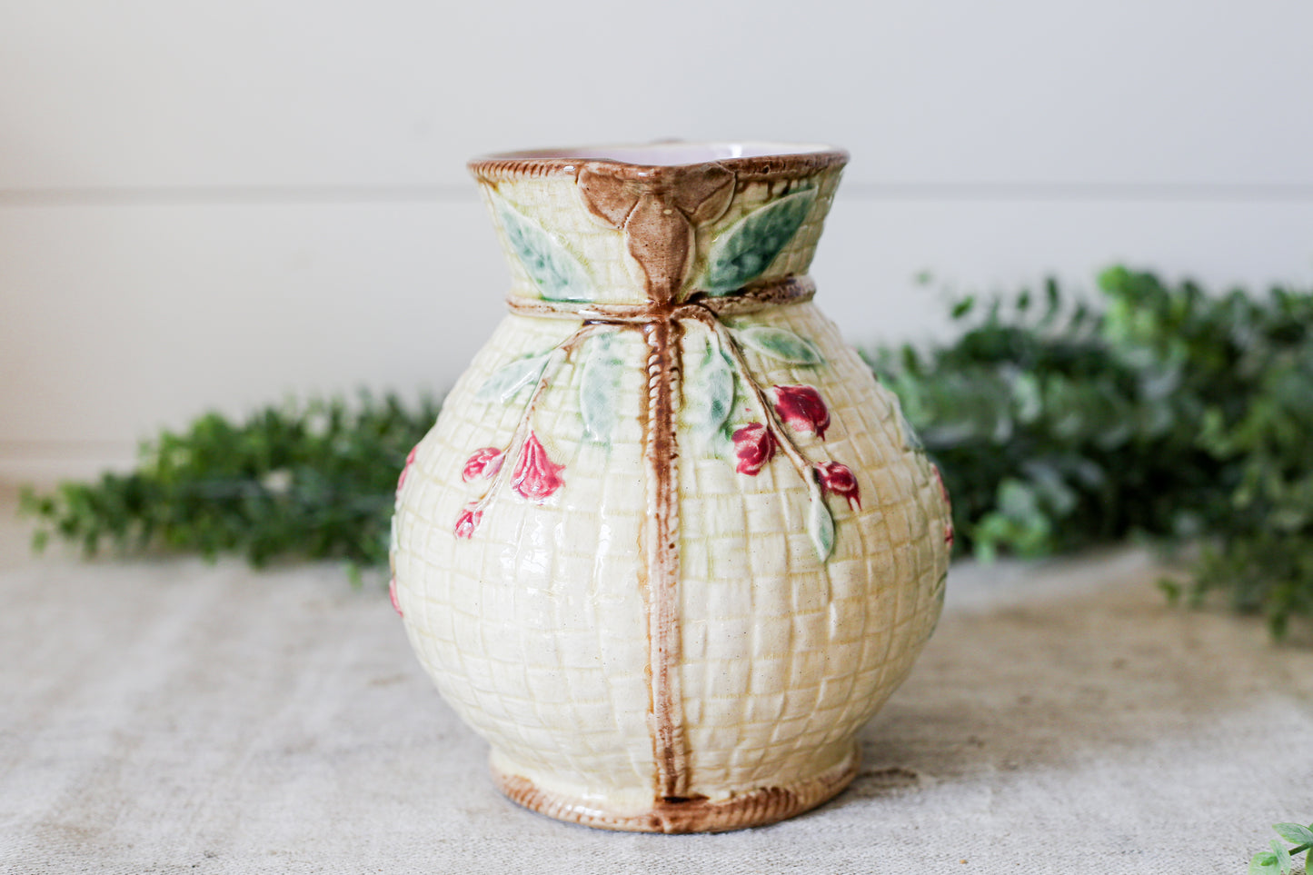 Antique Majolica Basket Weave Pitcher with Pink Flowers