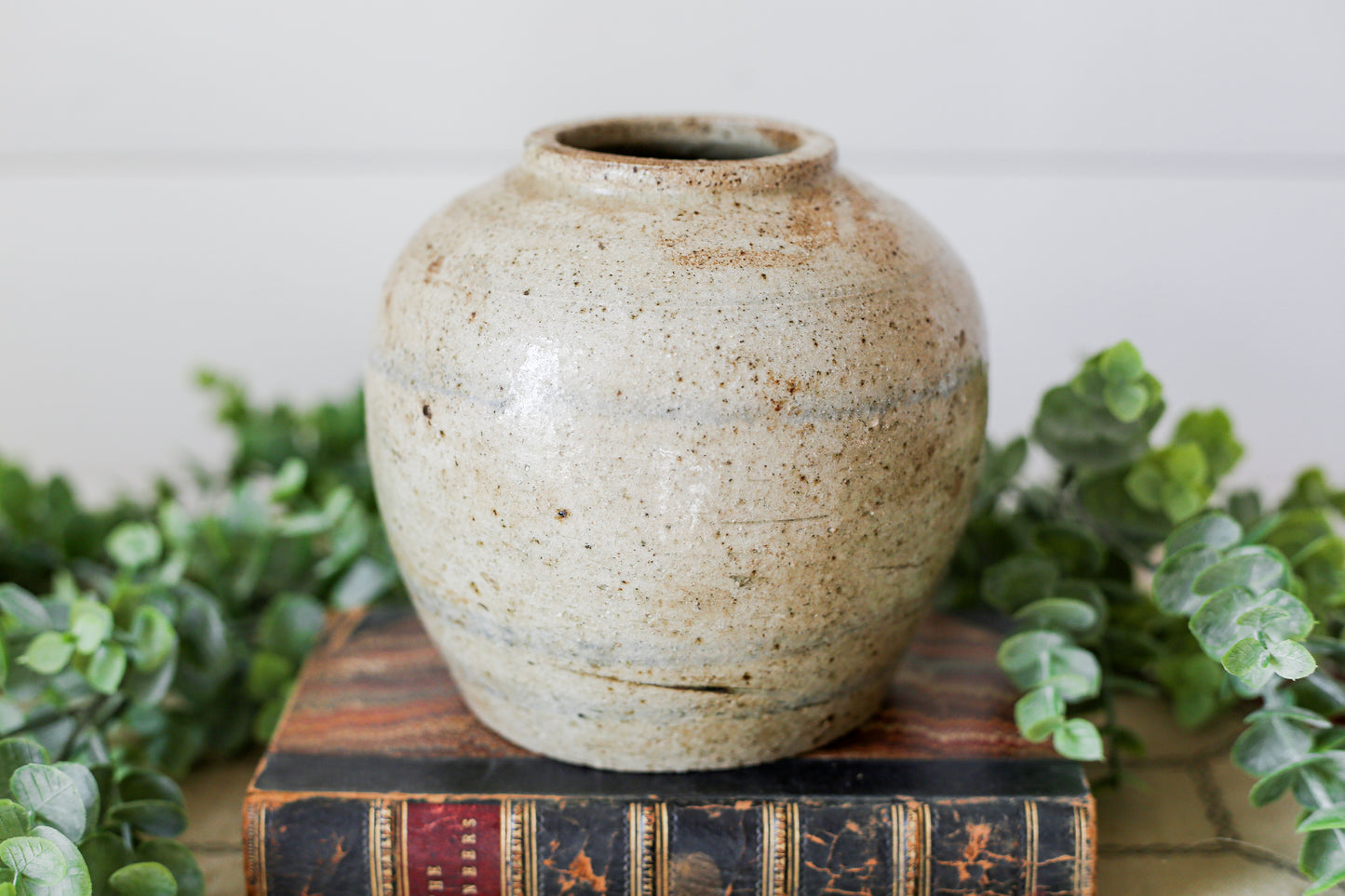 Antique Chinese Stoneware 5" Rustic Ginger Jar with Blue Stripes