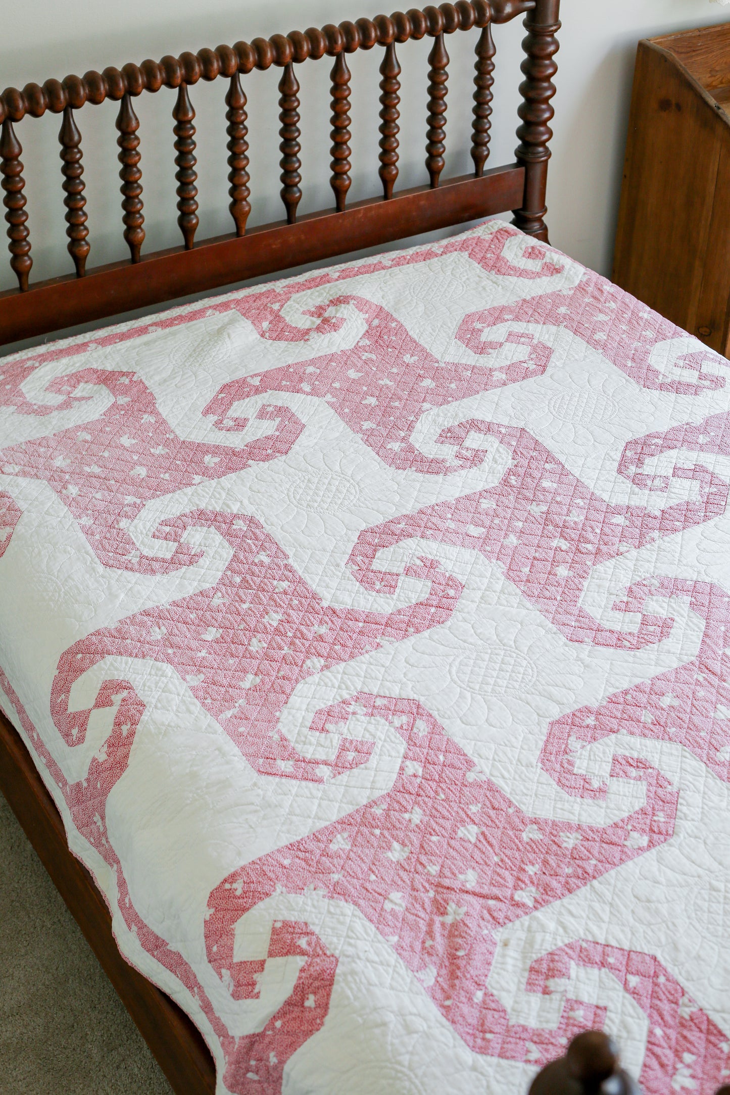 Vintage Pink & White Indiana Puzzle Quilt, c1930